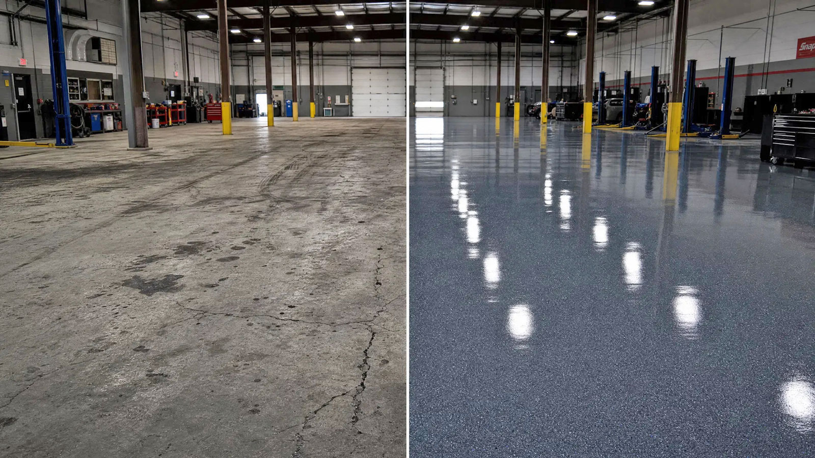 Commercial floor coating before and after — auto shop in Chesapeake VA